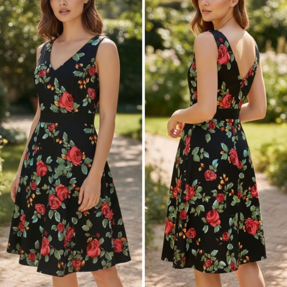 Vintage 90s Mica Black Rose Floral Cotton Dress V-Back Dark Romantic USA S